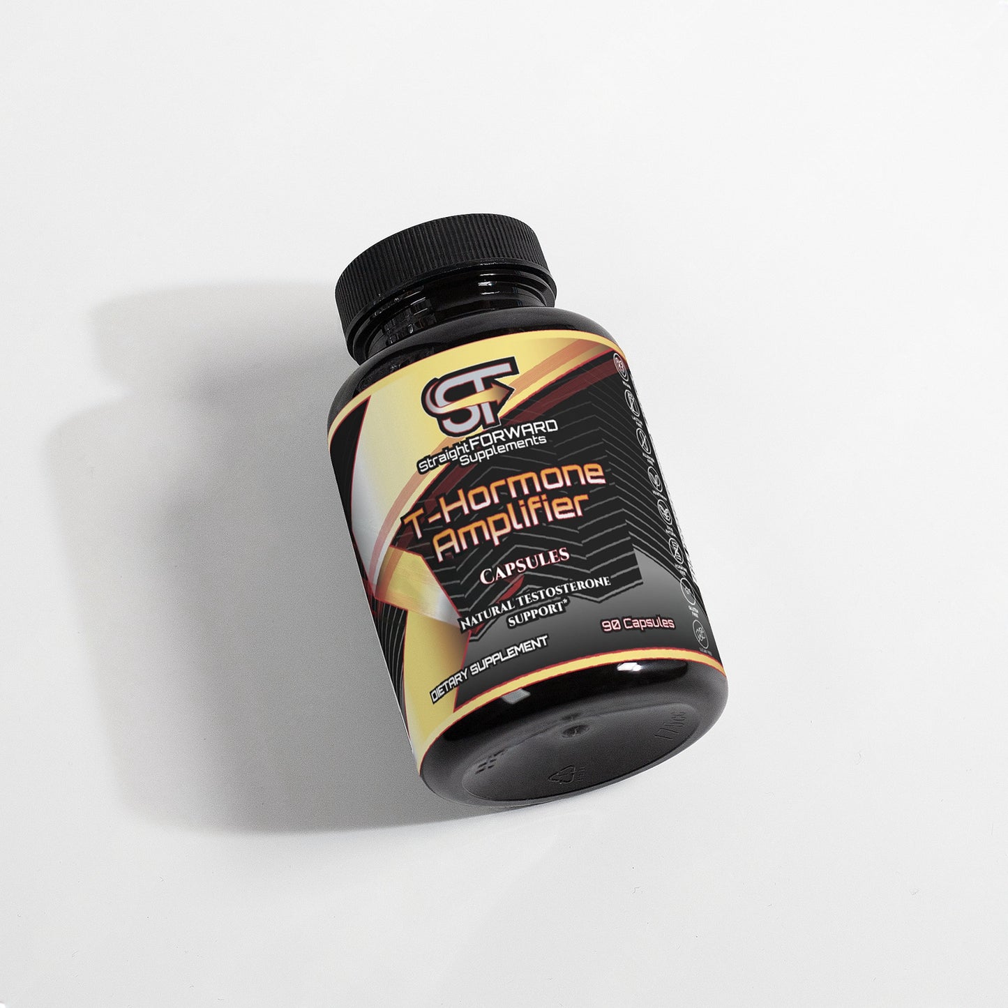 Supplement bottle labeled 'T-Hormone Amplifier' on a light gray background
