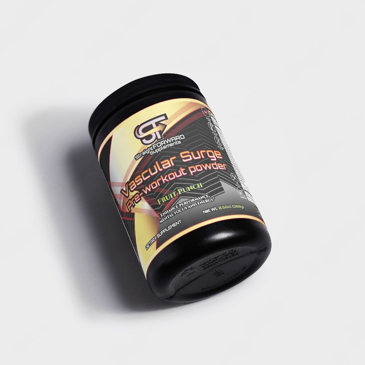 Black container of Vascular Surge pre-workout powder on a light gray background