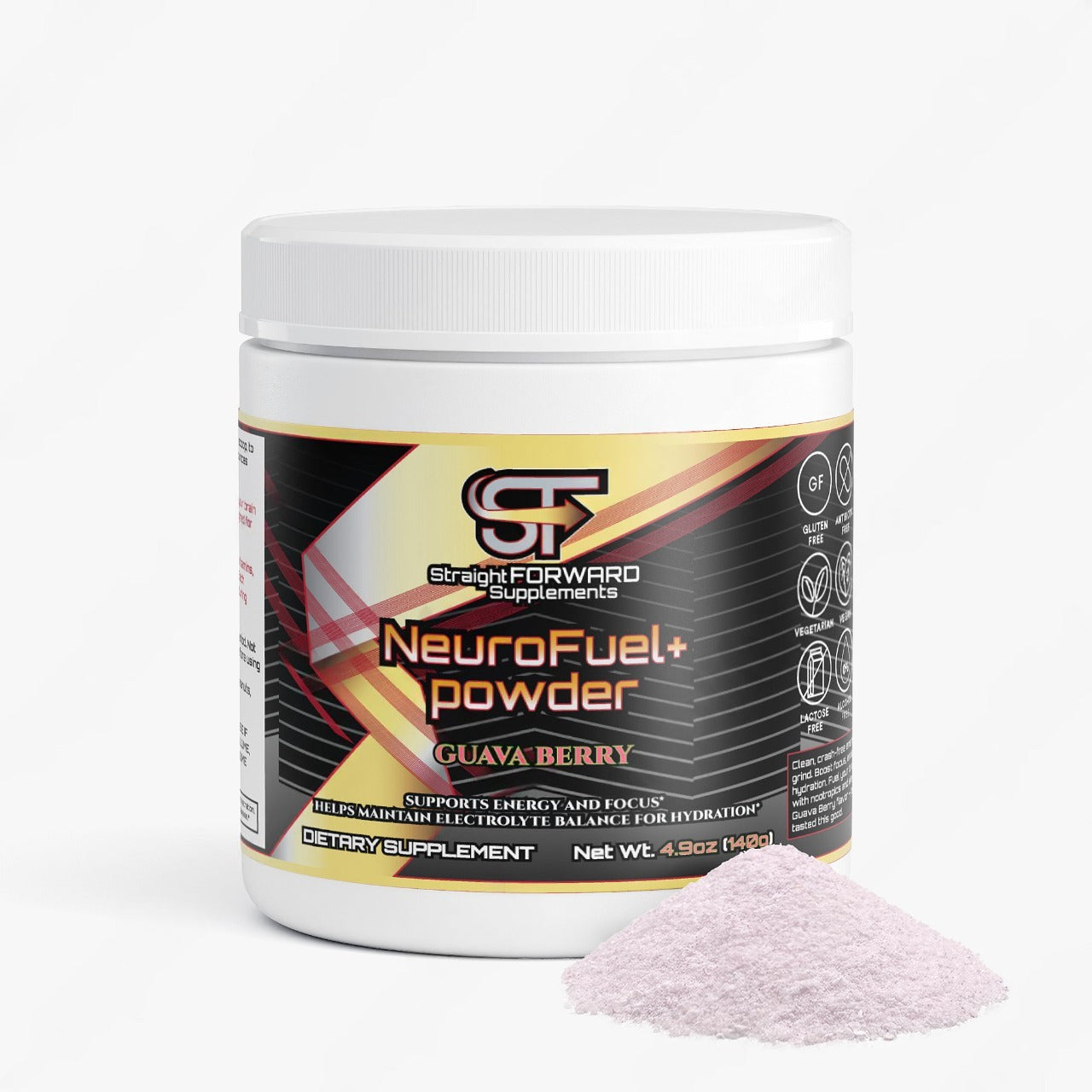 Container of NeuroFuel+ powder by Stash Forward Supplements with guava berry flavor on a white background.