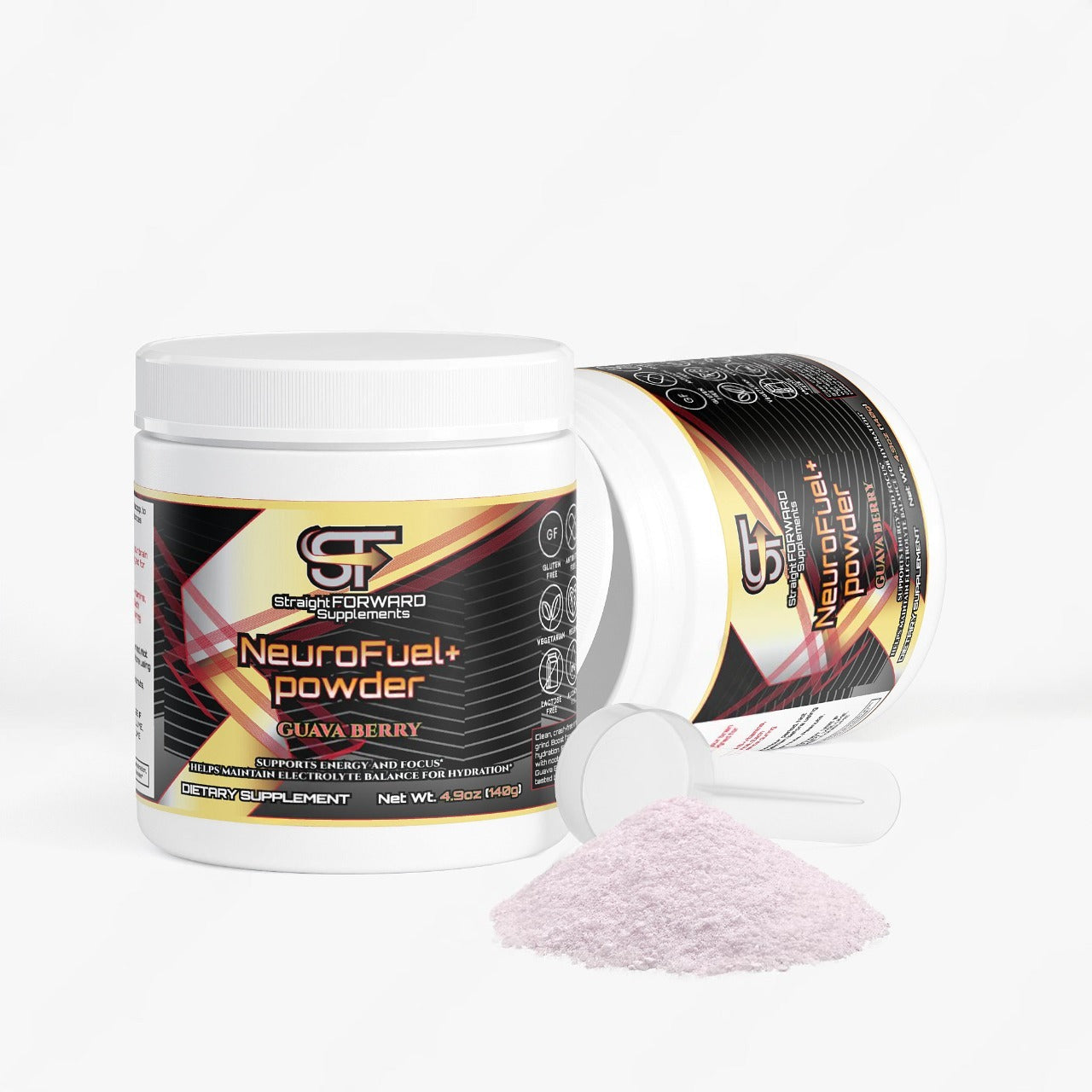 NeuroFuel powder container with spilled powder on a white background