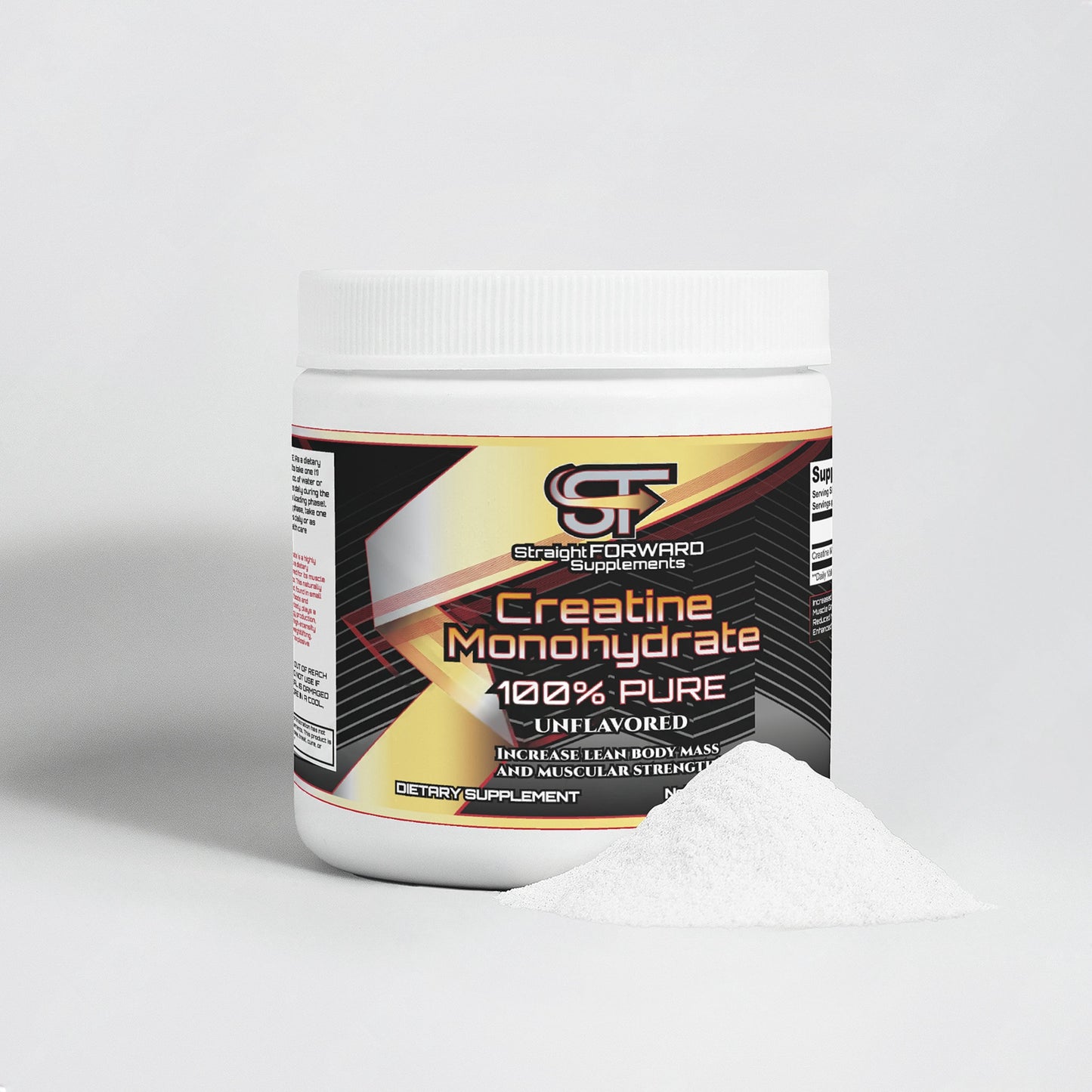 Supplement container labeled 'Creatine Monohydrate' with a white background