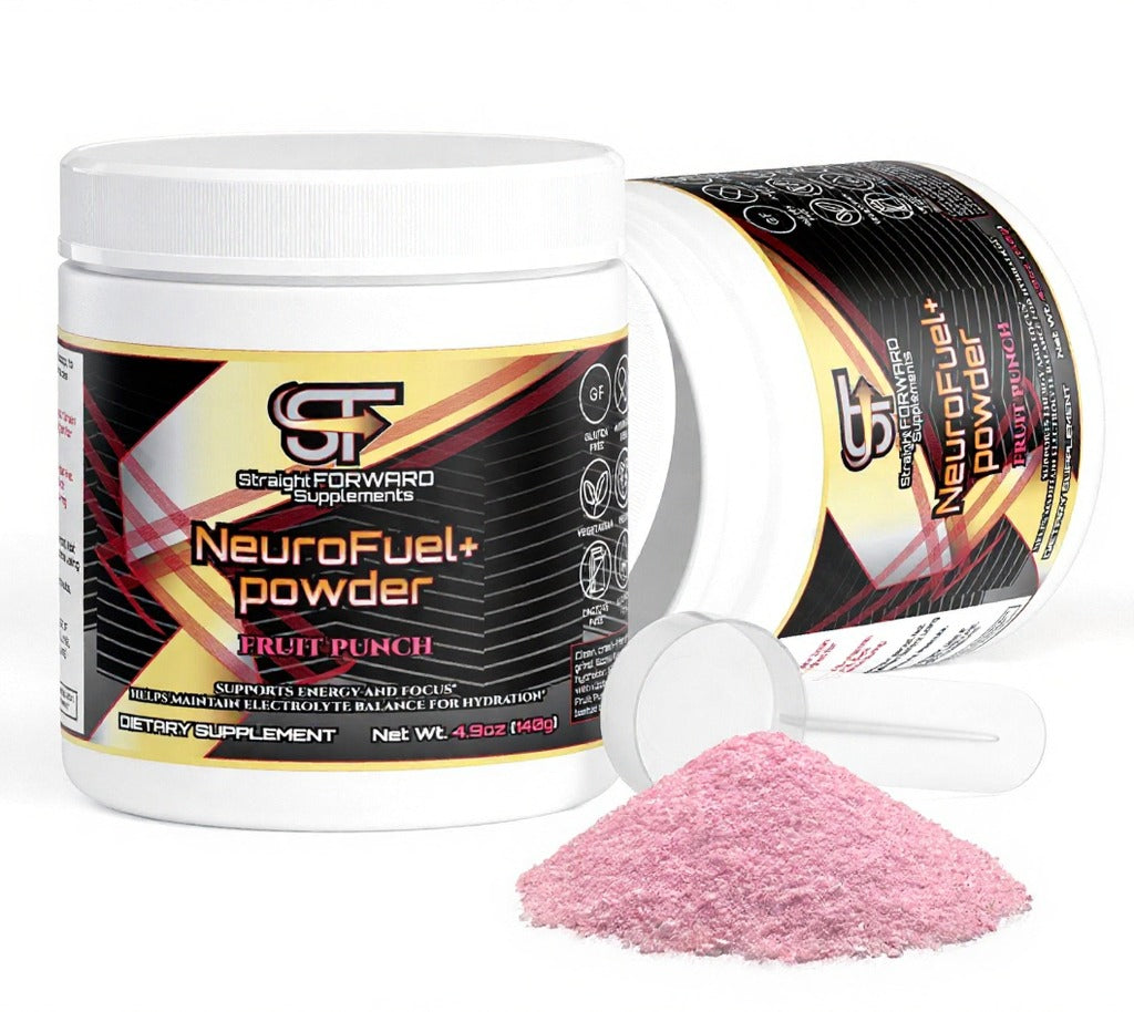 NeuroFuel+ powder container with pink powder on a white background