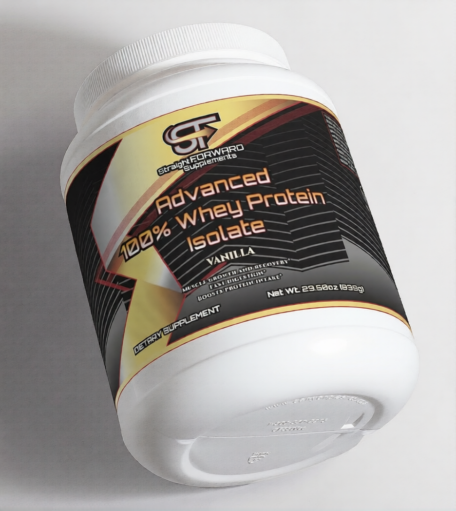 Container of Advanced 100% Whey Protein Isolate with visible branding on a gray background