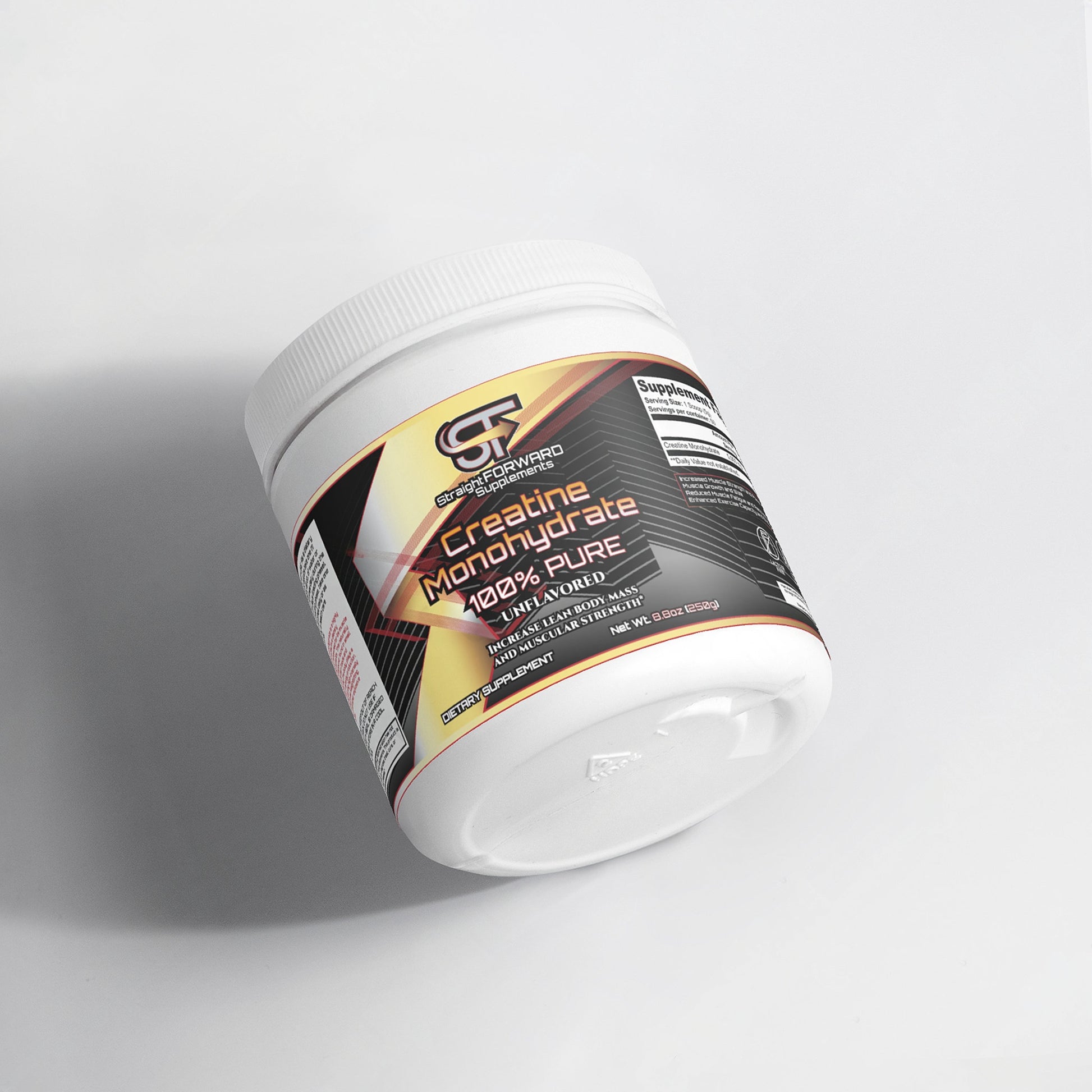 Supplement container with a label on a light gray background