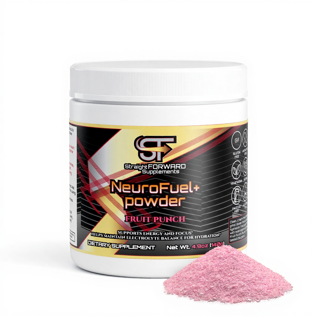 NeuroFuel+ powder container with pink powder on a white background