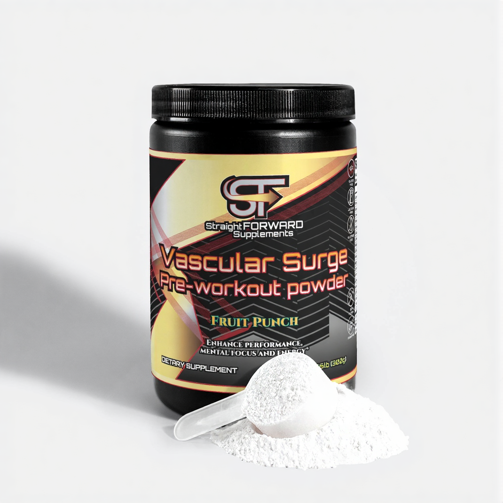 Vascular Surge pre-workout powder container with scoop on a white background