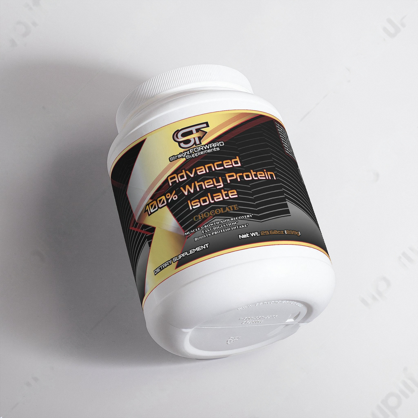 Container of Advanced Whey Protein Isolate on a white background