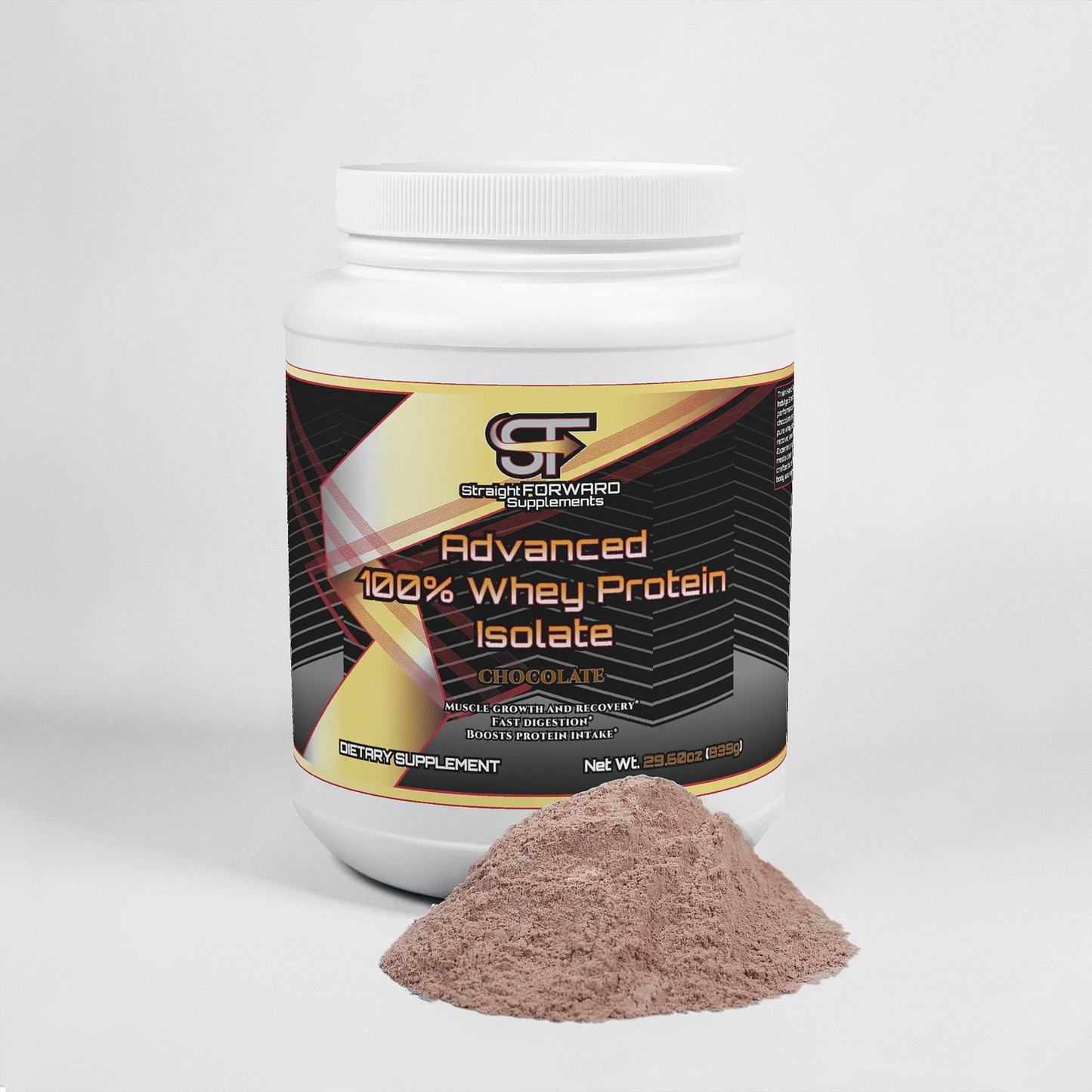Container of Advanced 100% Whey Protein Isolate with chocolate powder on a white background