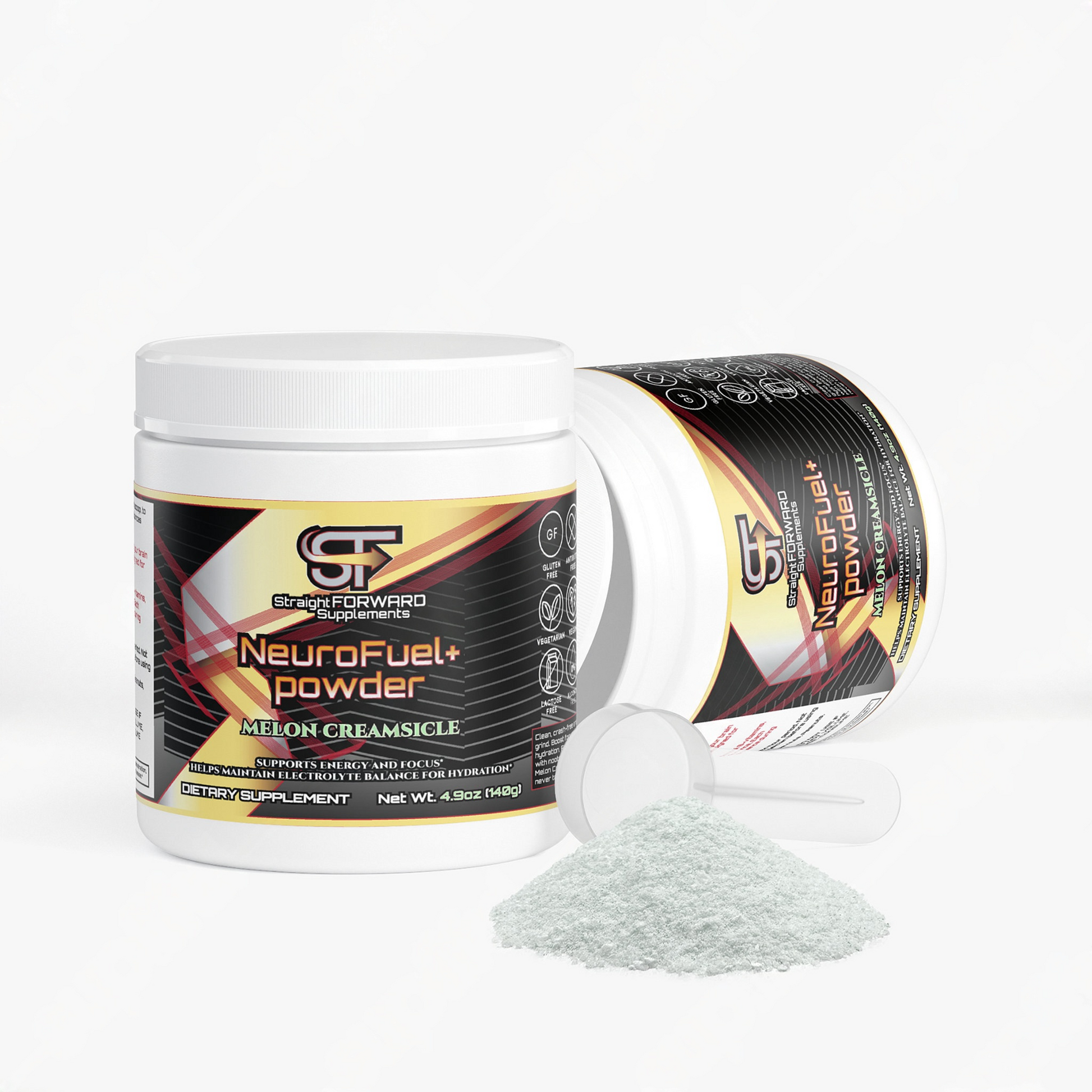 NeuroFuel powder container with scoop on a white background