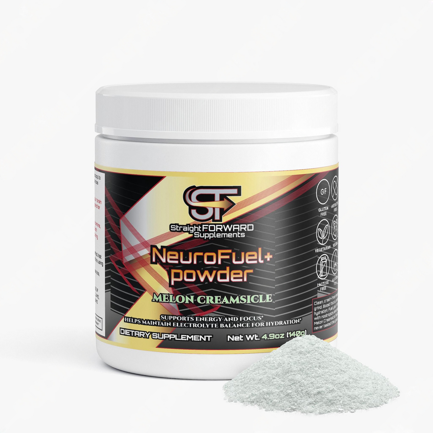 Container of NeuroFuel+ powder with visible label on a white background