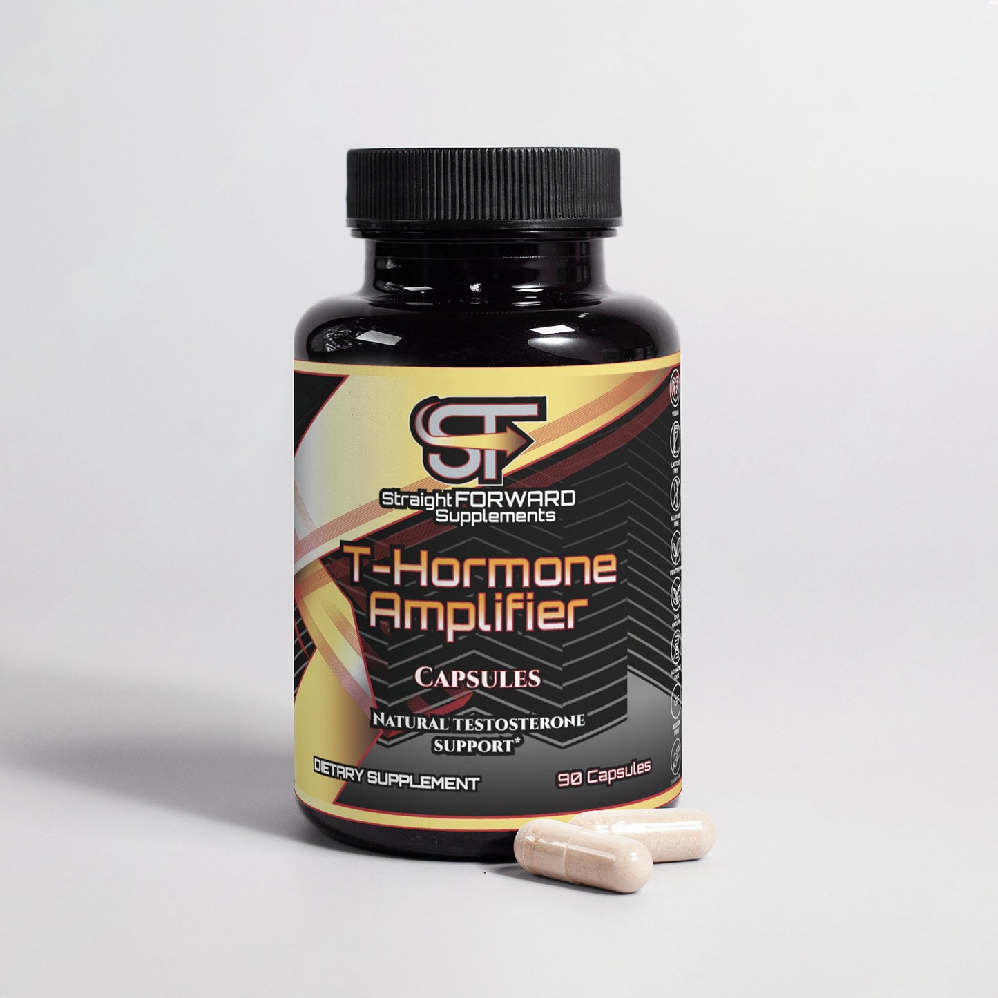 Supplement bottle labeled 'T-Hormone Amplifier' with capsules on a gray background
